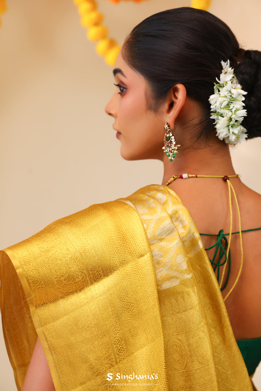 Pastel Gold Tissue Kanjivaram Saree With Floral Butta Weaving