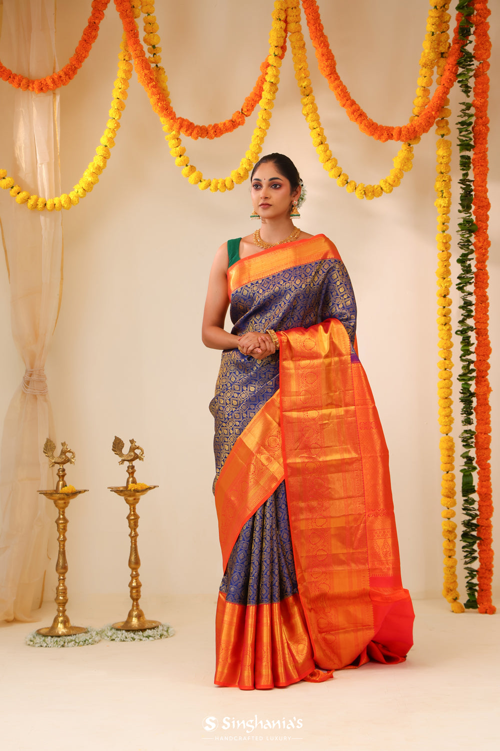 Dark Sapphire Kanjivaram Silk Saree With Floral Weaving