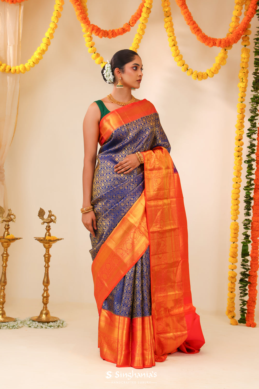 Dark Sapphire Kanjivaram Silk Saree With Floral Weaving