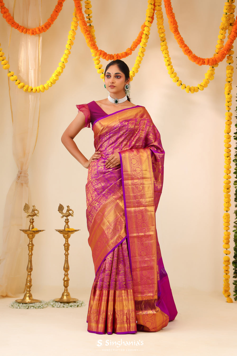 Magenta Purple Kanjivaram Silk Saree With Floral-Fauna Weaving