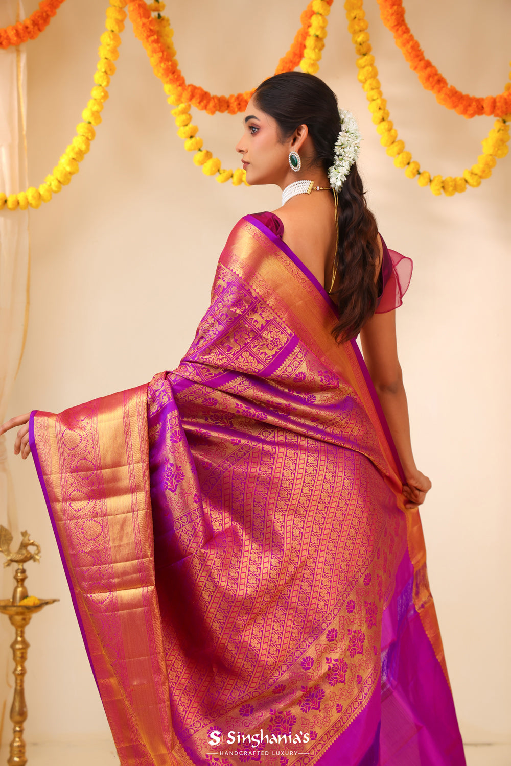 Magenta Purple Kanjivaram Silk Saree With Floral-Fauna Weaving