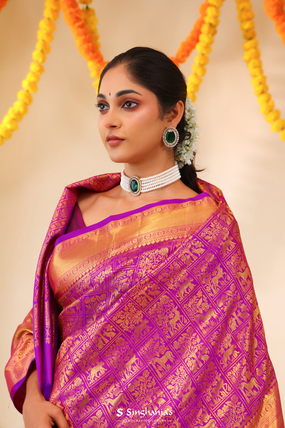 Magenta Purple Kanjivaram Silk Saree With Floral-Fauna Weaving