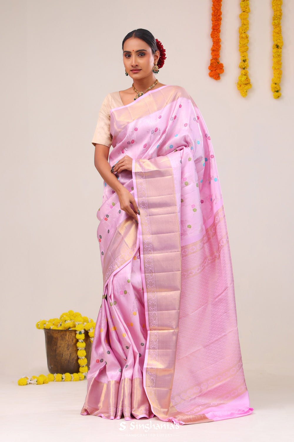 Lavender Pink Heritage Kanjivaram Silk Saree