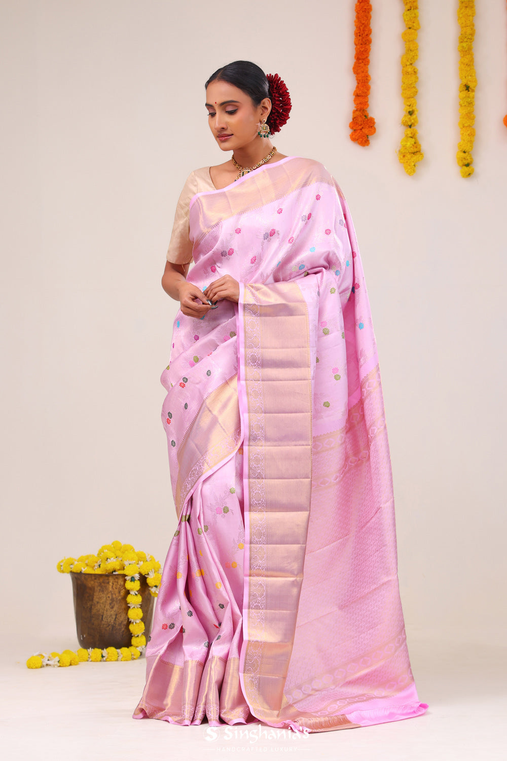 Lavender Pink Heritage Kanjivaram Silk Saree