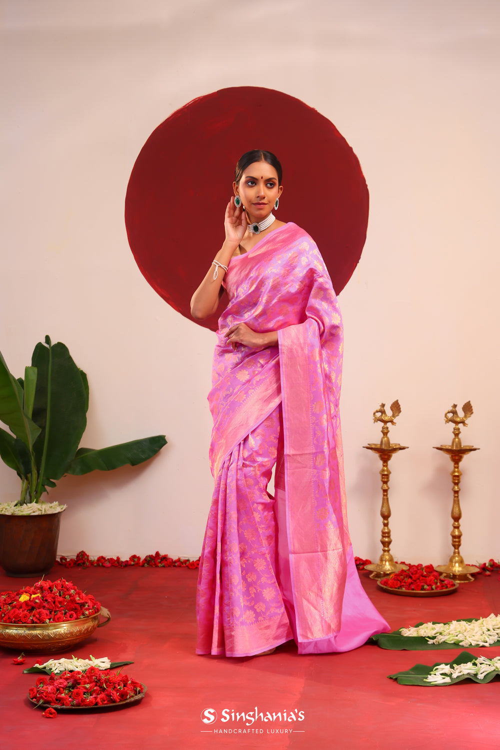 Hot Magenta Banarasi Silk Saree With Floral Jaal