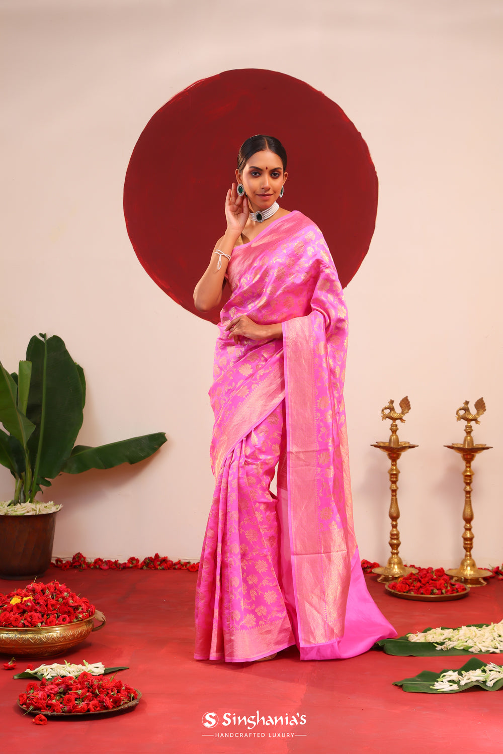 Hot Magenta Banarasi Silk Saree With Floral Jaal