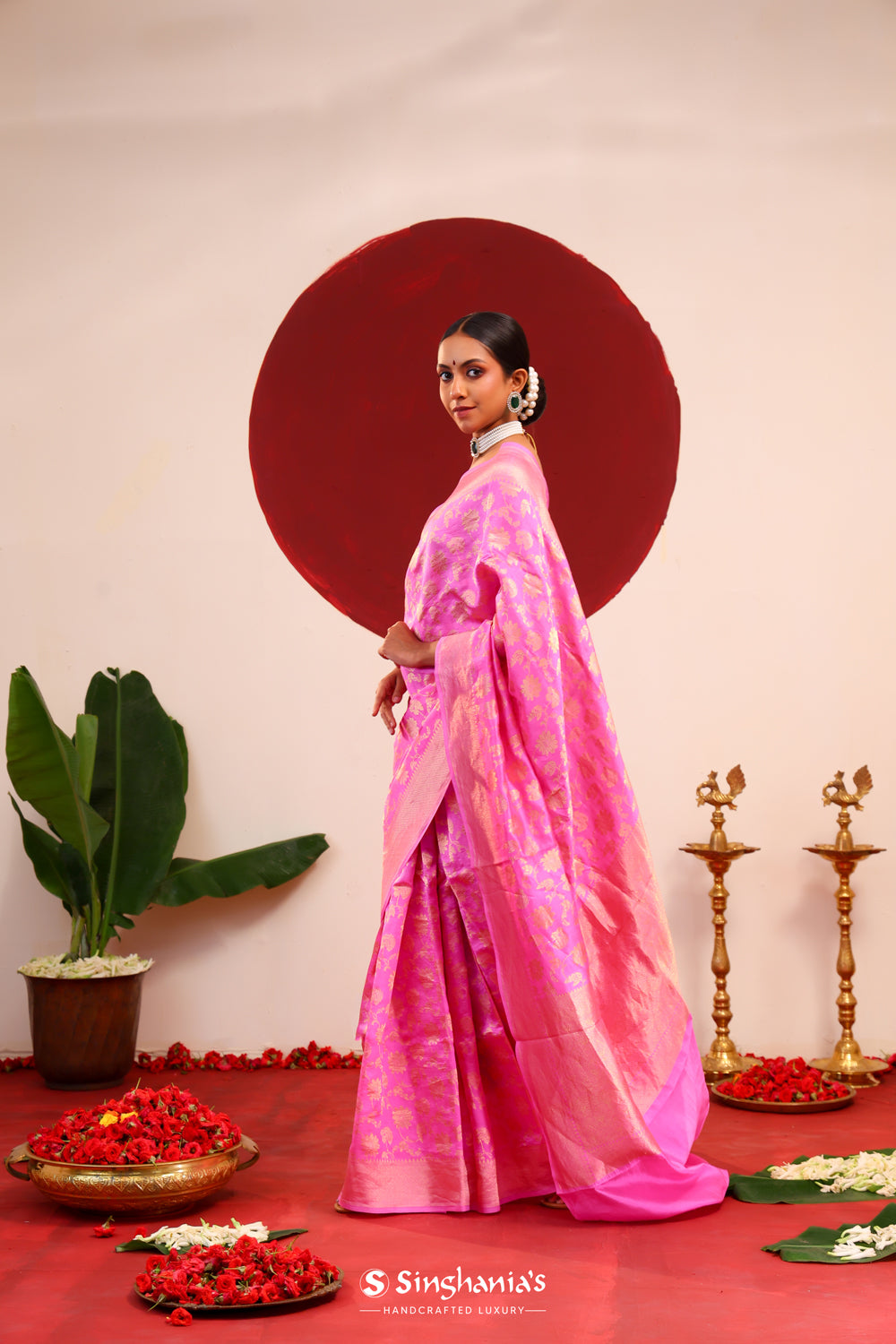 Hot Magenta Banarasi Silk Saree With Floral Jaal