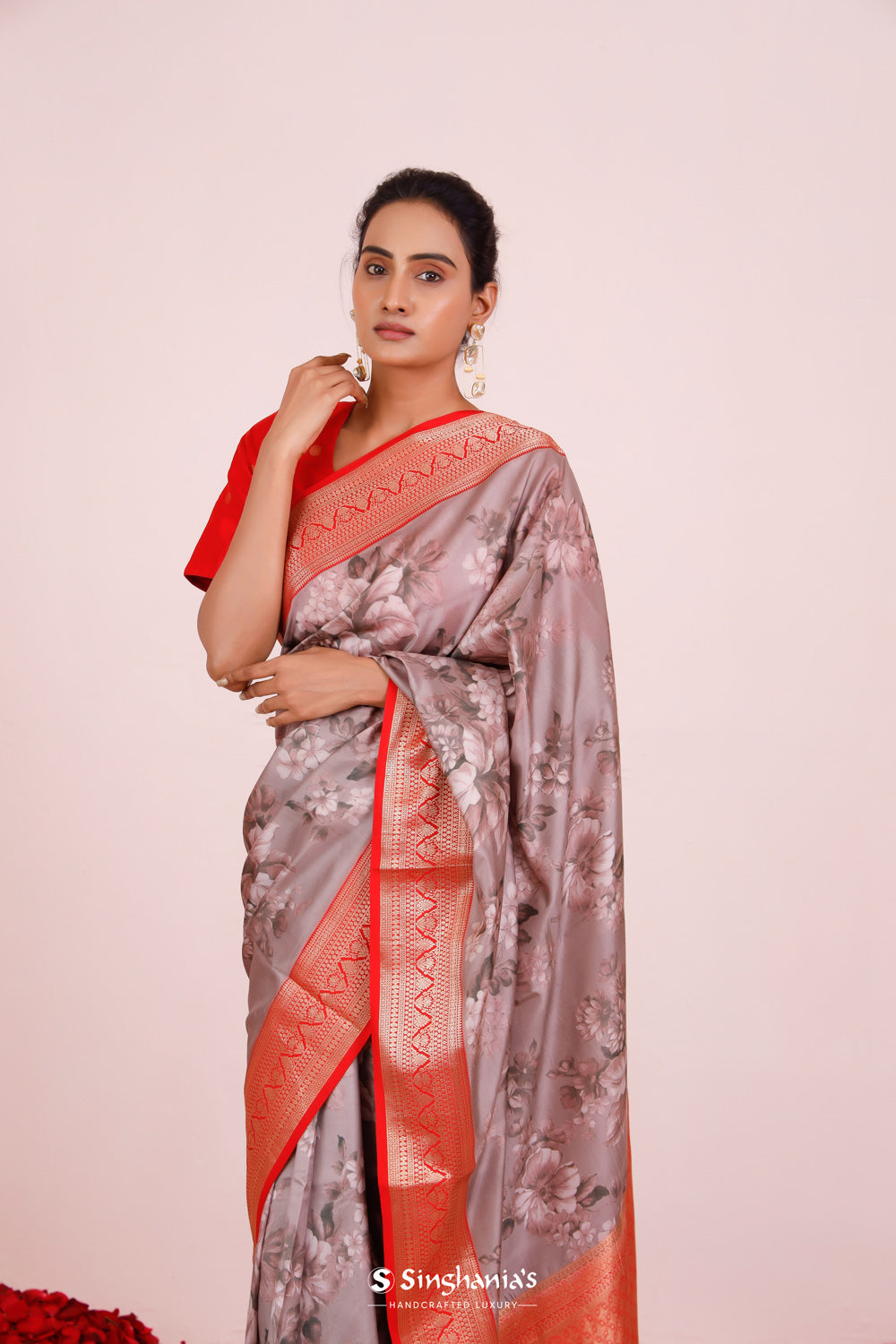 Printed Kanjivaram Silk Saree In Mountbatten Pink