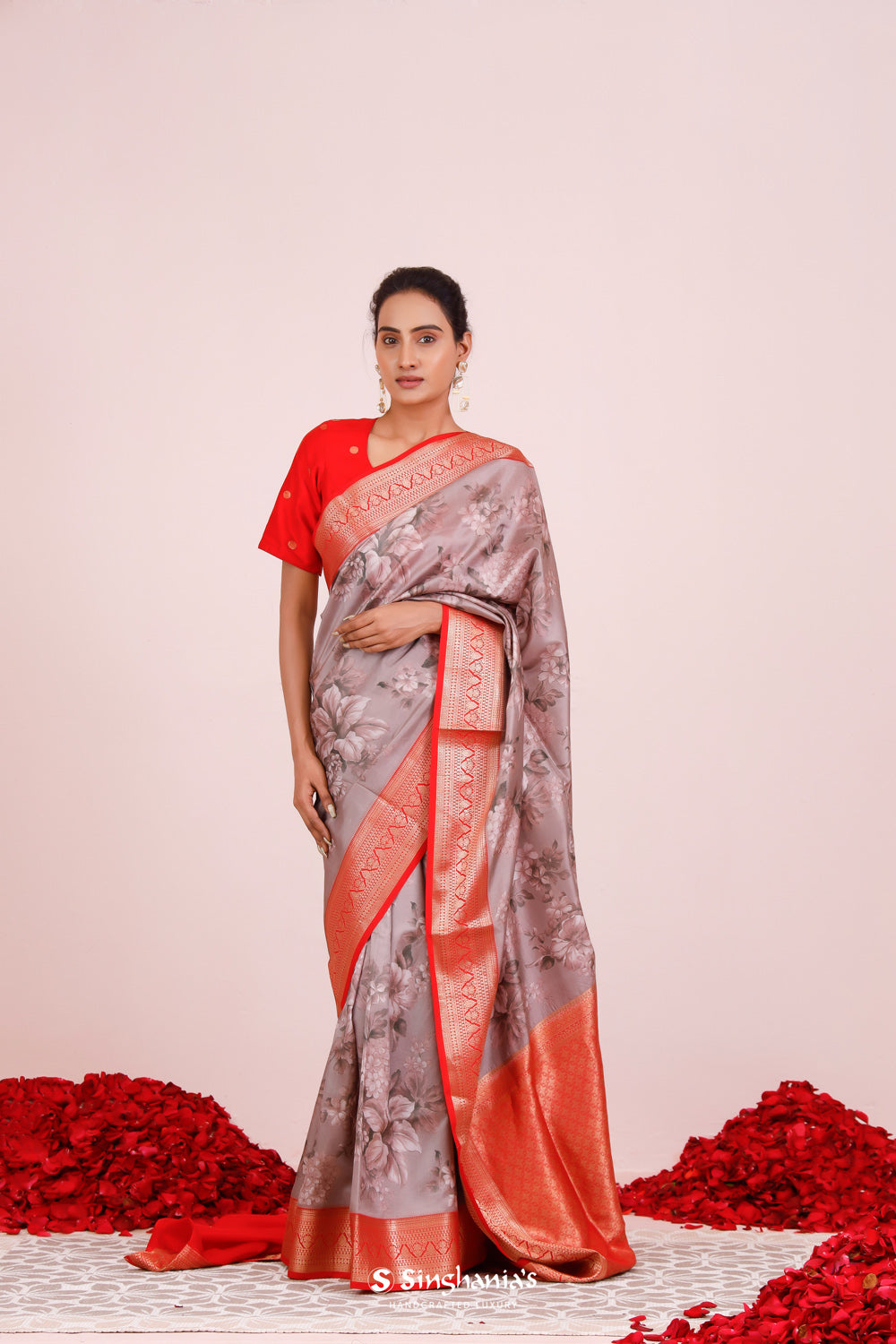 Printed Kanjivaram Silk Saree In Mountbatten Pink