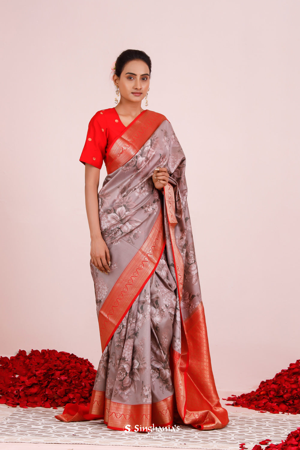 Printed Kanjivaram Silk Saree In Mountbatten Pink