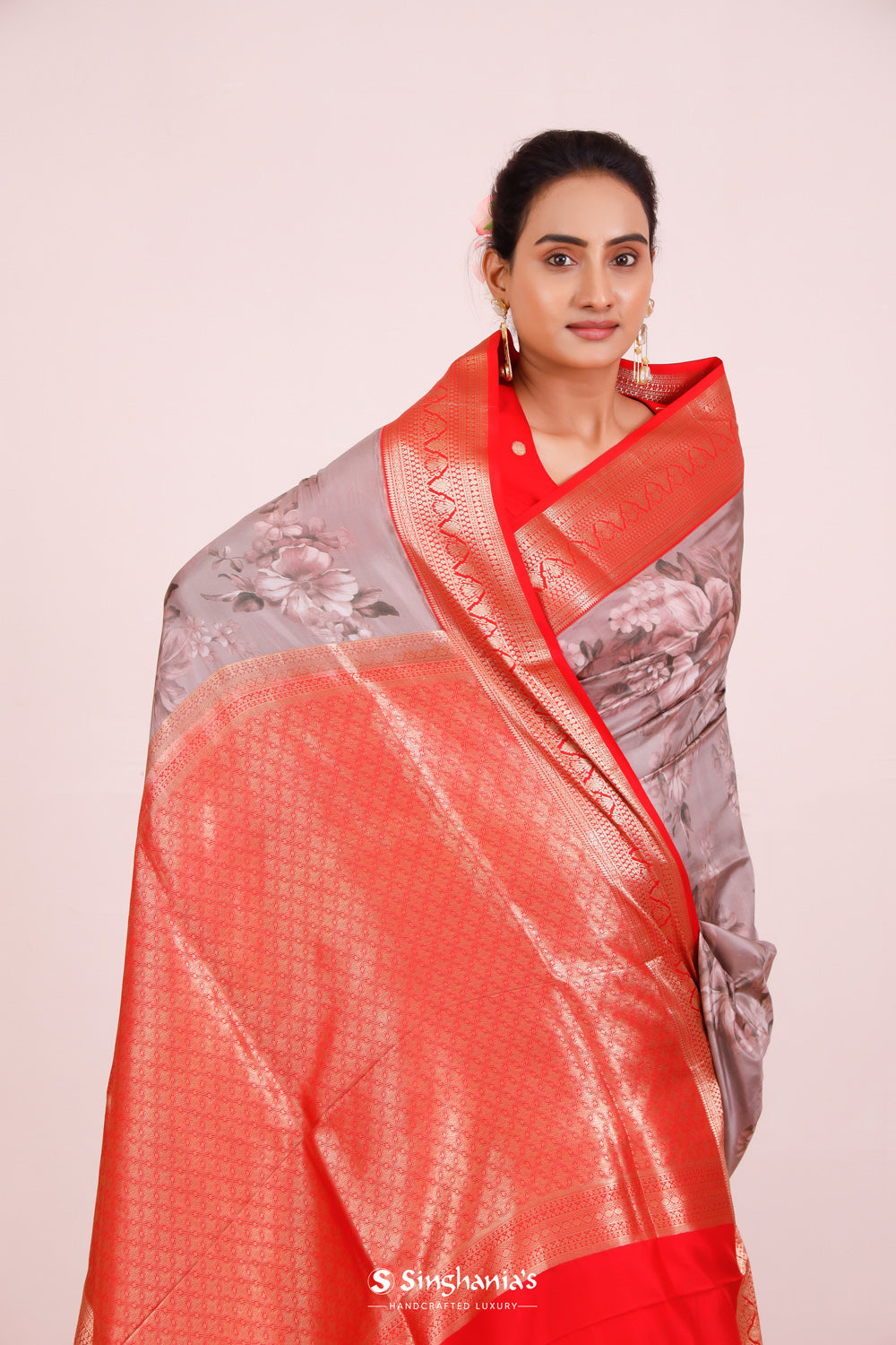 Printed Kanjivaram Silk Saree In Mountbatten Pink