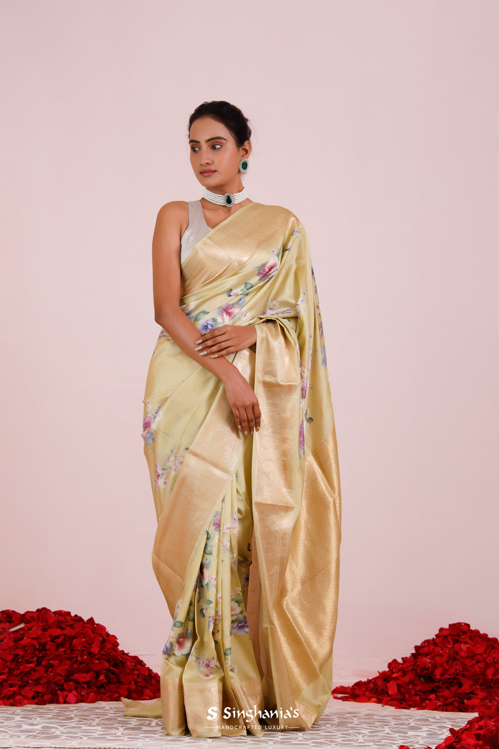 Printed Kanjivaram Silk Saree In Light Yellow Green