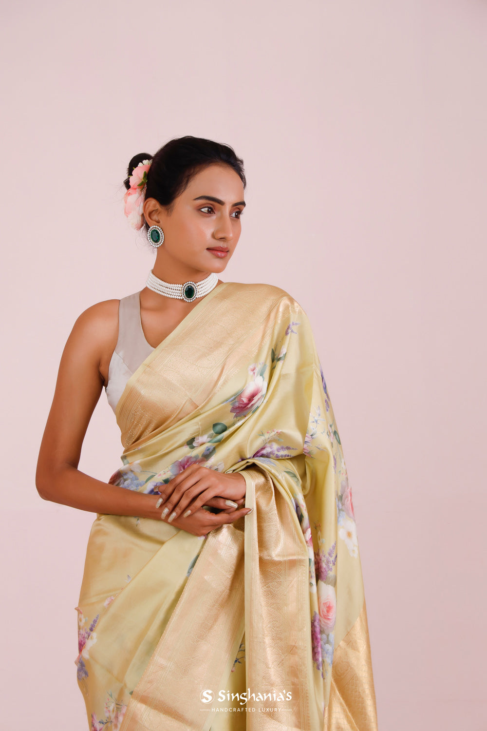 Printed Kanjivaram Silk Saree In Light Yellow Green