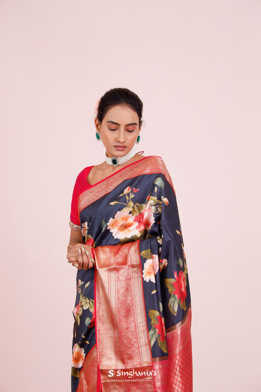 Printed Kanjivaram Silk Saree In Blue Black