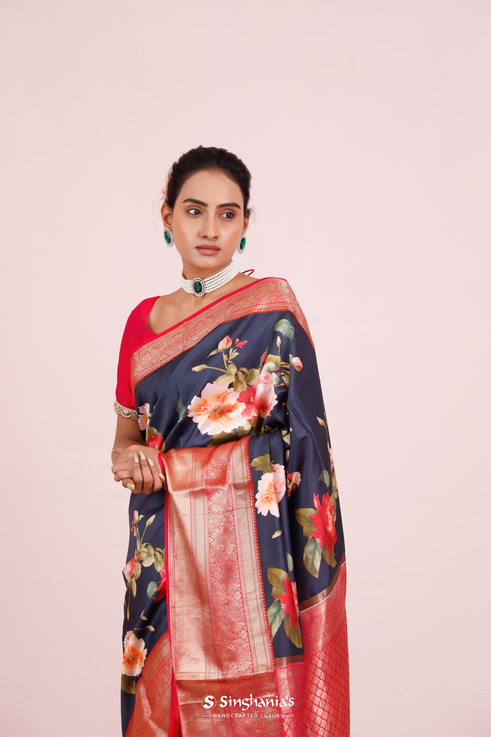 Printed Kanjivaram Silk Saree In Blue Black