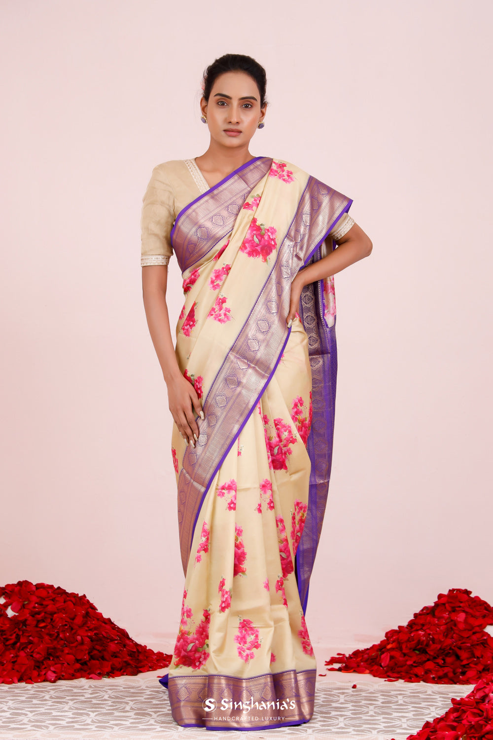 Printed Kanjivaram Silk Saree In Faded Yellow