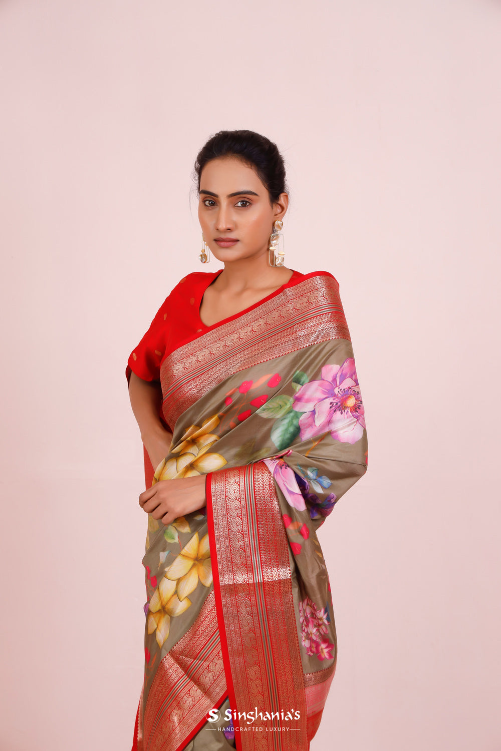 Printed Kanjivaram Silk Saree In Artichoke Green