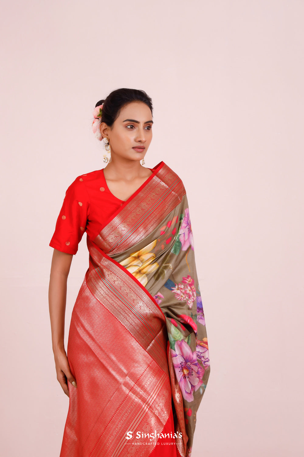 Printed Kanjivaram Silk Saree In Artichoke Green