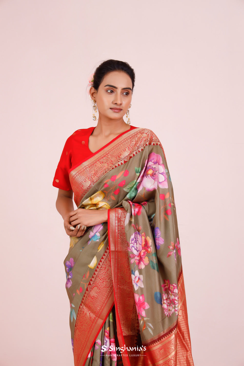 Printed Kanjivaram Silk Saree In Olive Green