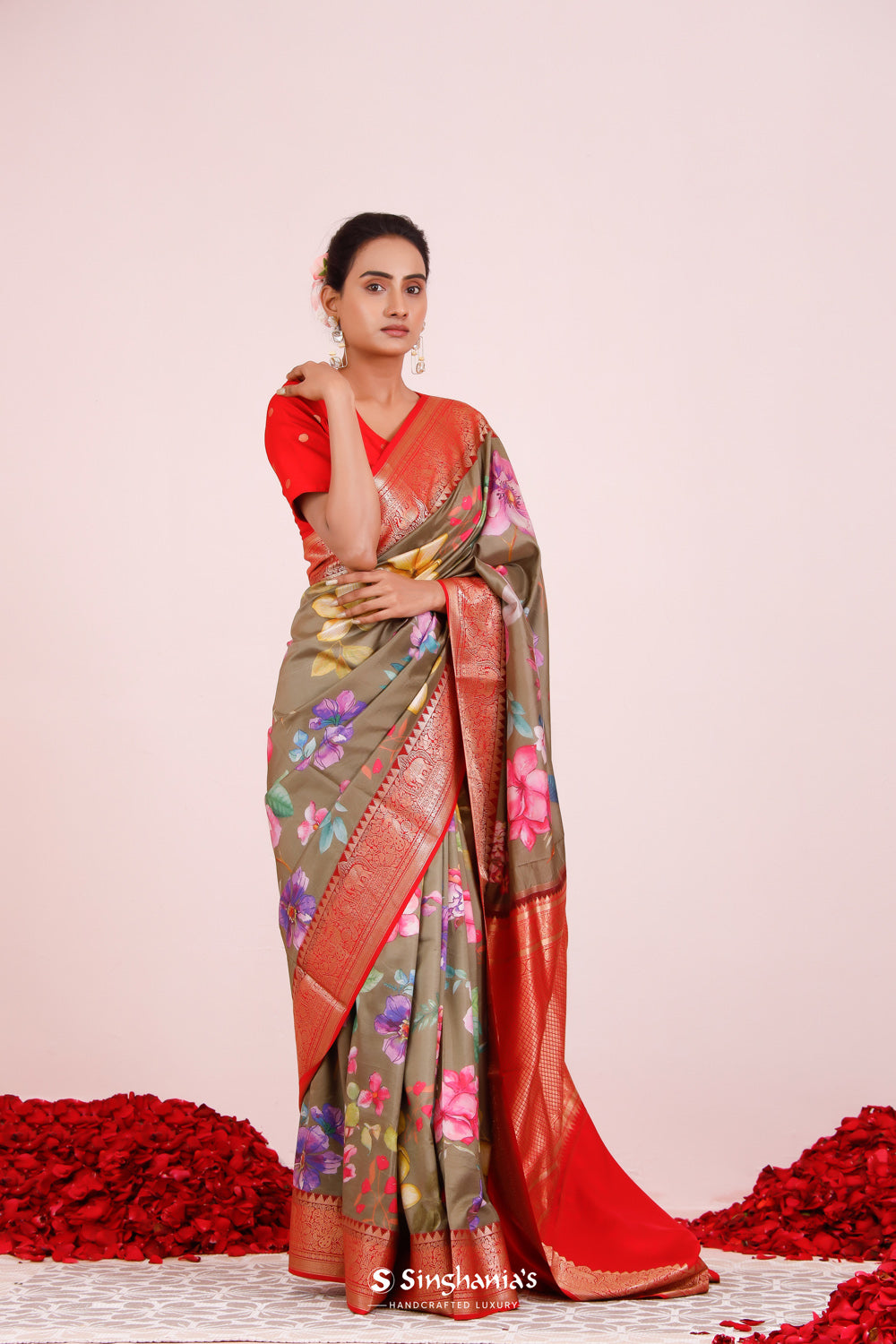 Printed Kanjivaram Silk Saree In Olive Green