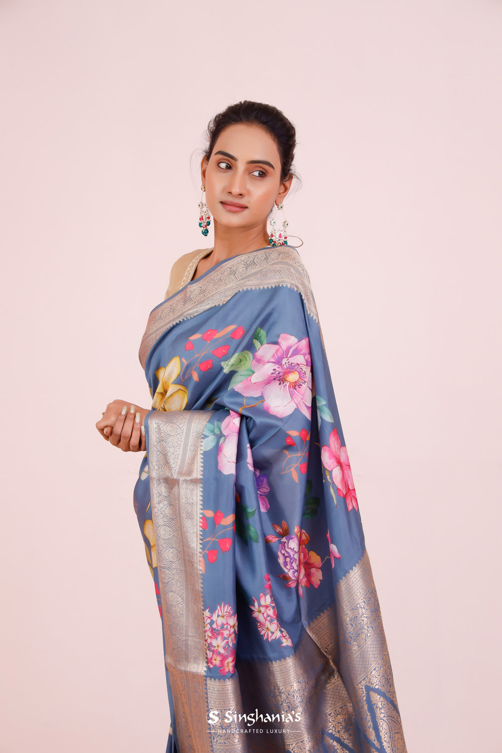 Printed Kanjivaram Silk Saree In Blue Grey