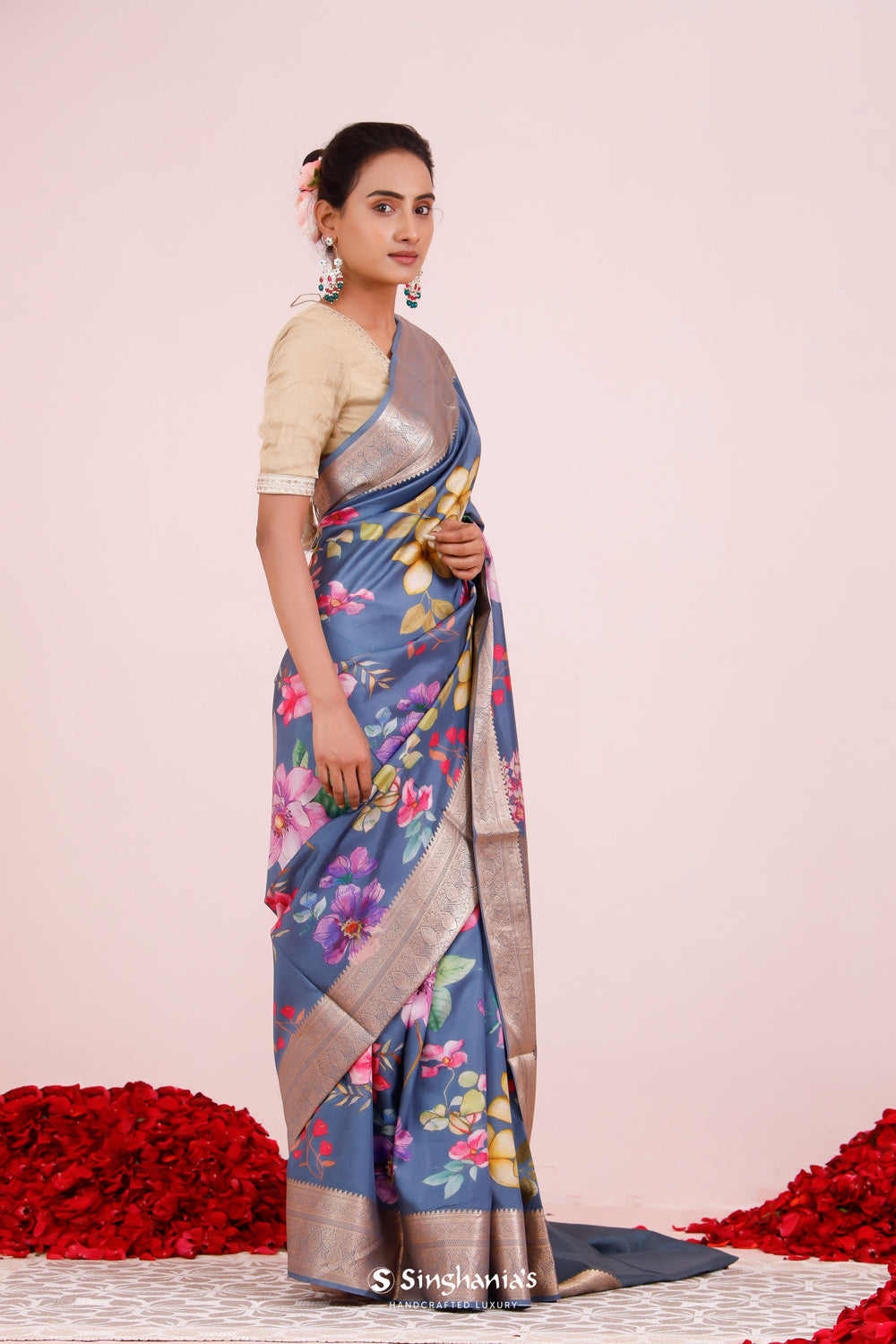 Printed Kanjivaram Silk Saree In Blue Grey