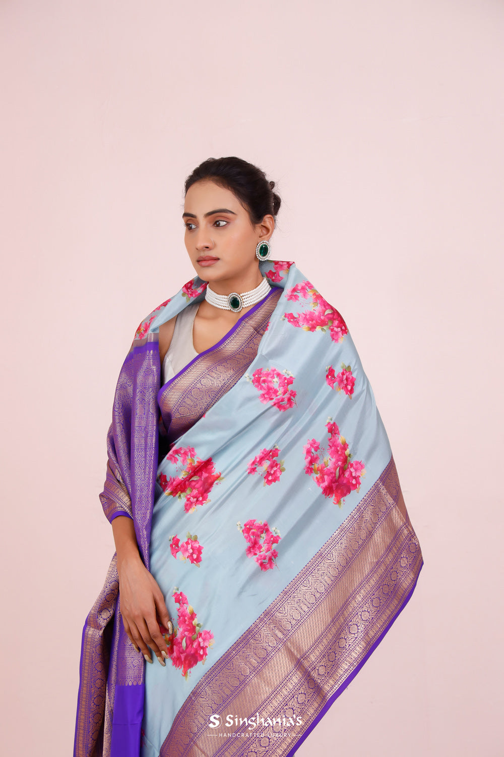 Printed Kanjivaram Silk Saree In Sky Blue