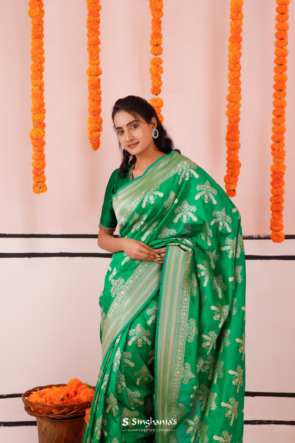 Irish Green Banarasi Silk Saree With Floral-Bird Weaving