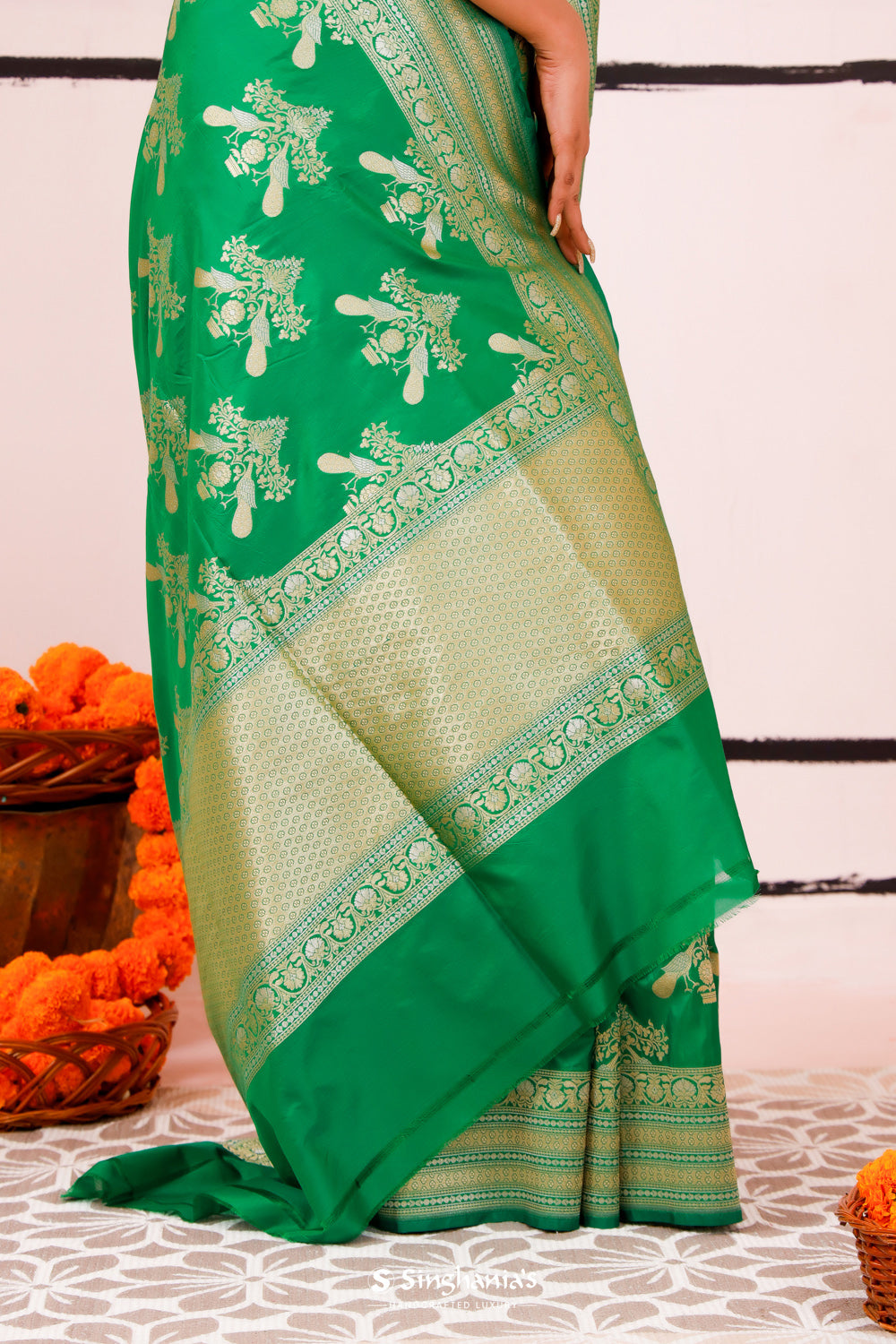 Irish Green Banarasi Silk Saree With Floral-Bird Weaving