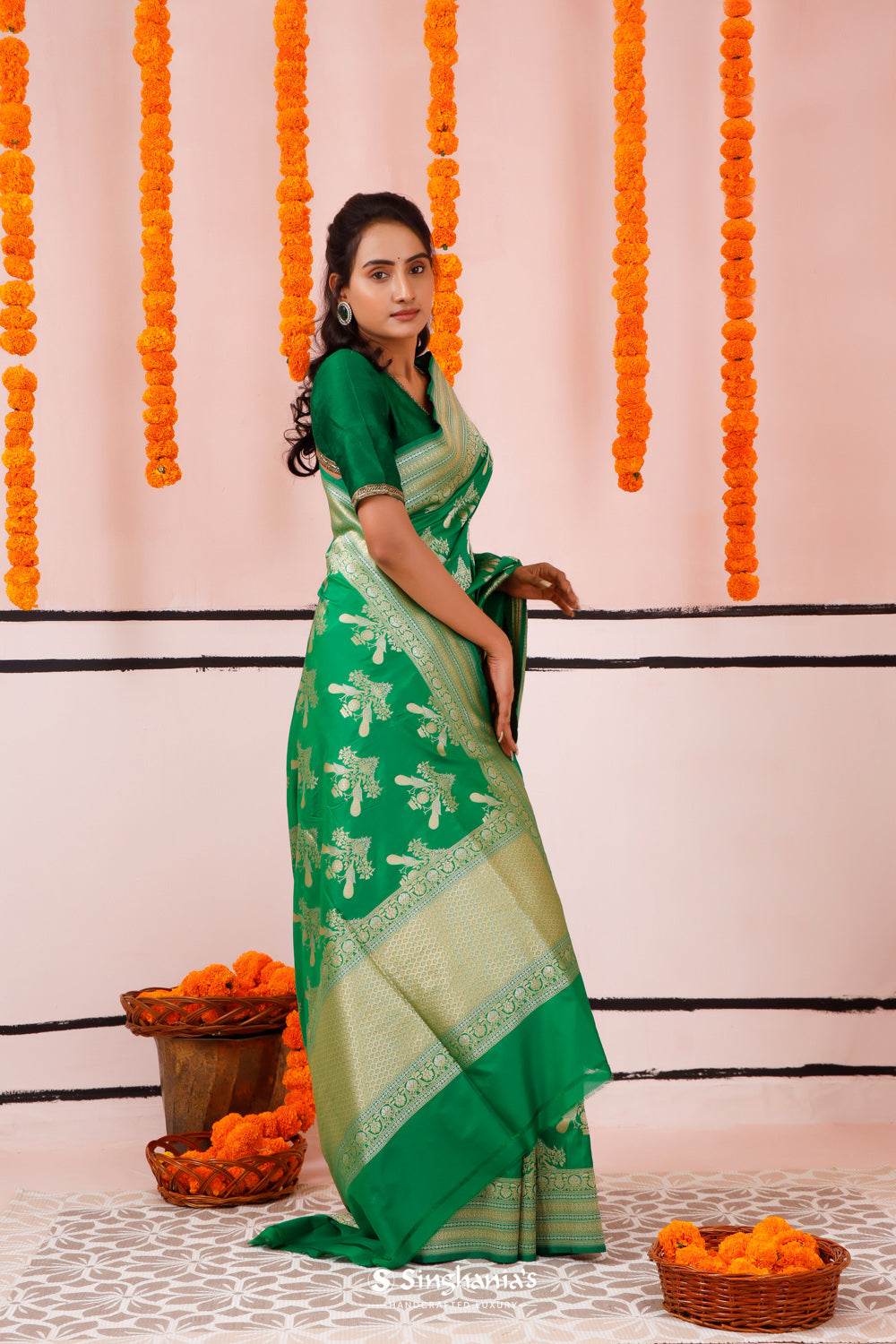 Irish Green Banarasi Silk Saree With Floral-Bird Weaving