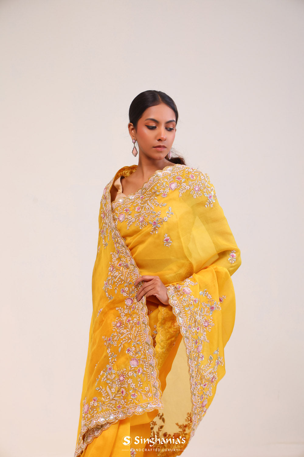 Royal Yellow Organza Handcrafted Saree