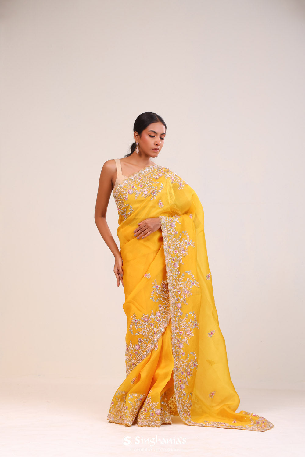 Royal Yellow Organza Handcrafted Saree