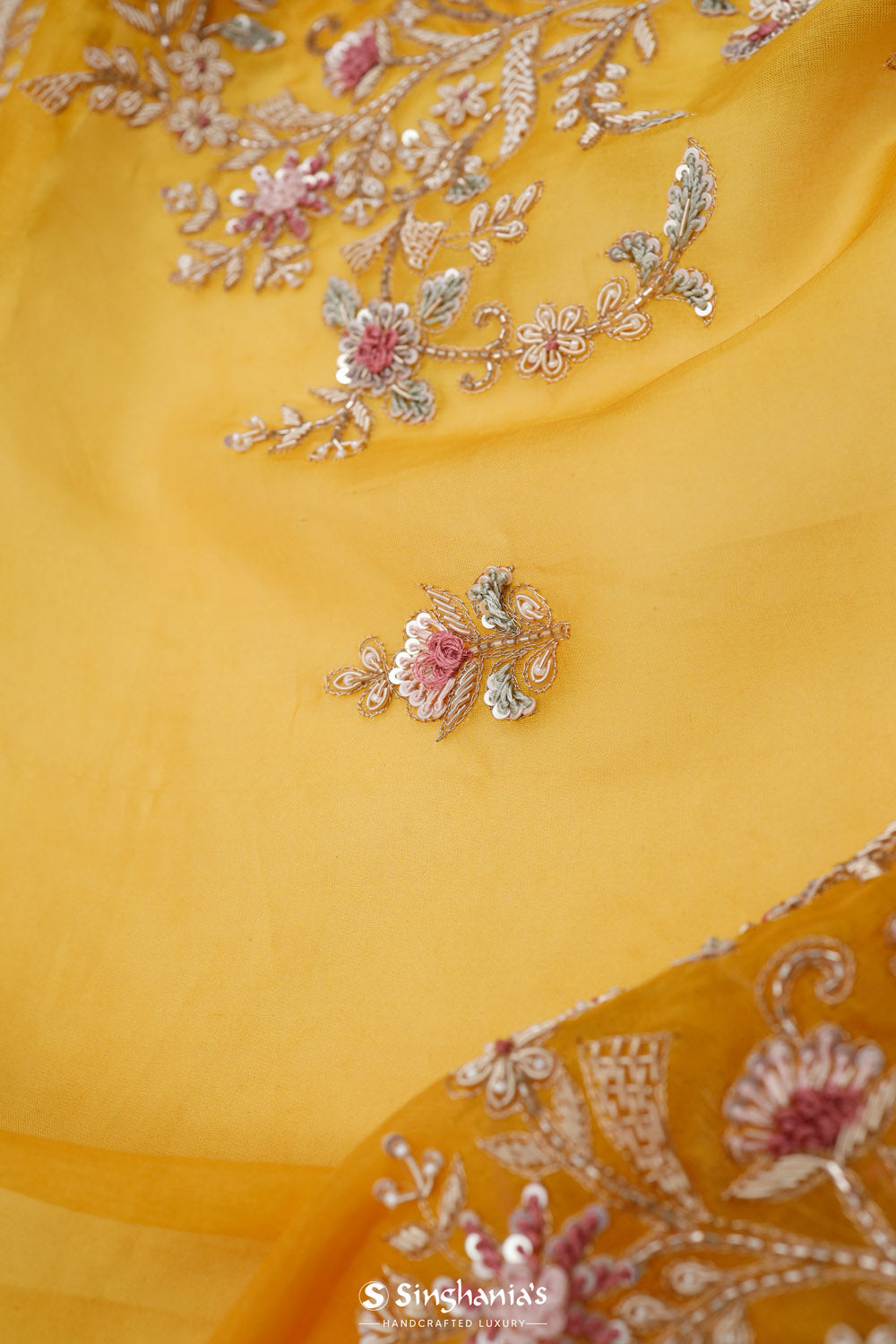 Royal Yellow Organza Handcrafted Saree