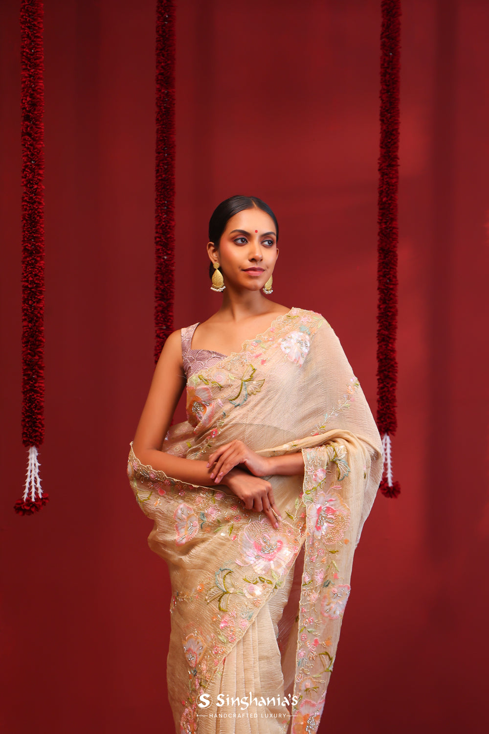 Flax Yellow Crushed Tissue Handcrafted Saree