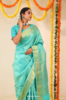 Aqua Blue Kanjivaram Silk Saree With Floral-Fauna Weaving