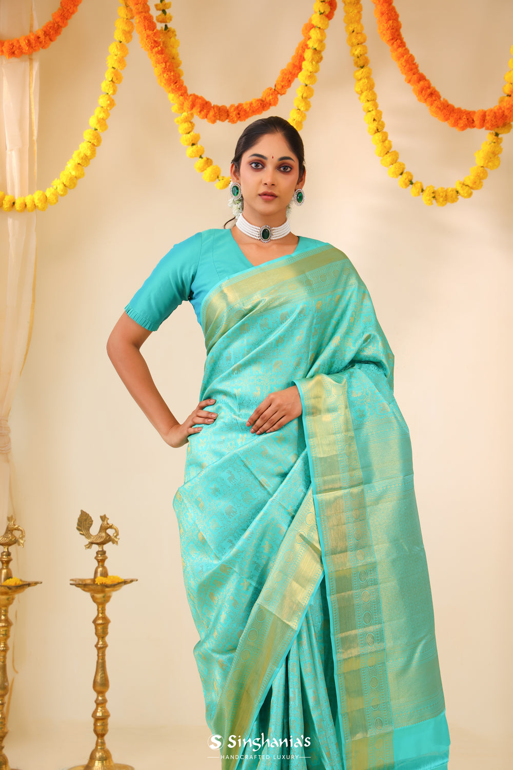 Aqua Blue Kanjivaram Silk Saree With Floral-Fauna Weaving