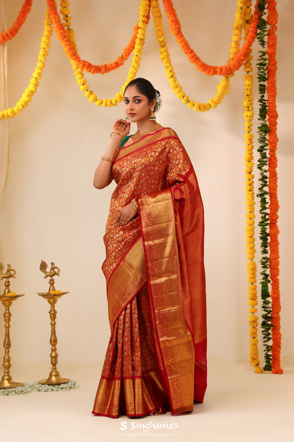 Crimson Red Kanjivaram Silk Saree With Floral Jaal Weaving