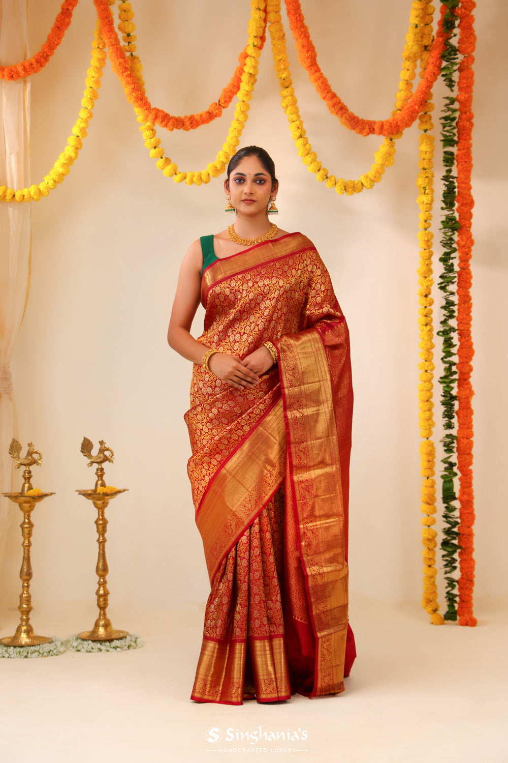 Crimson Red Kanjivaram Silk Saree With Floral Jaal Weaving