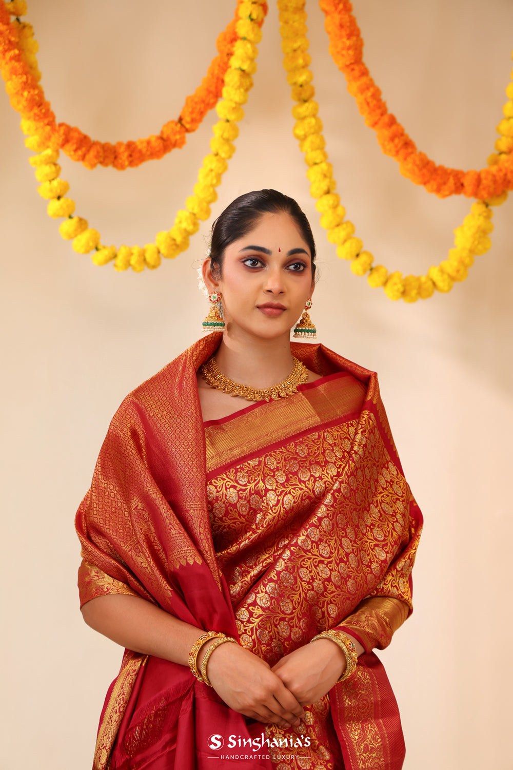 Crimson Red Kanjivaram Silk Saree With Floral Jaal Weaving