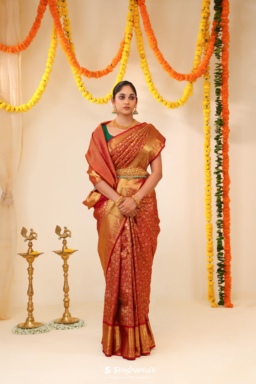 Crimson Red Kanjivaram Silk Saree With Floral Jaal Weaving