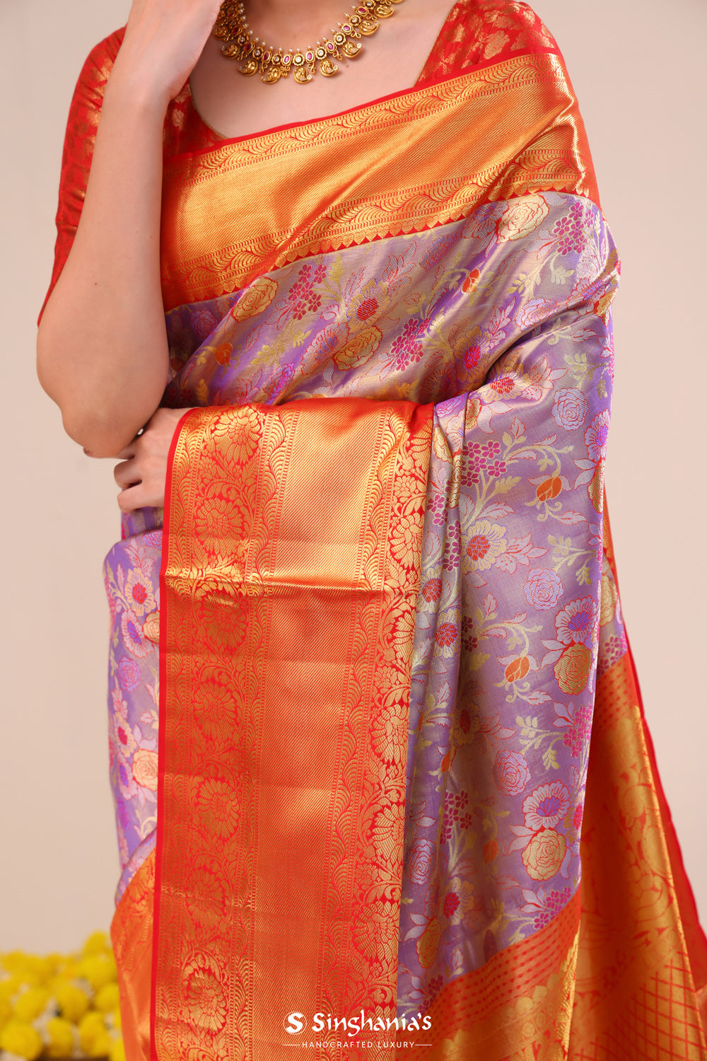 Mauve Gold Kanjivaram Silk Saree With Floral Weave