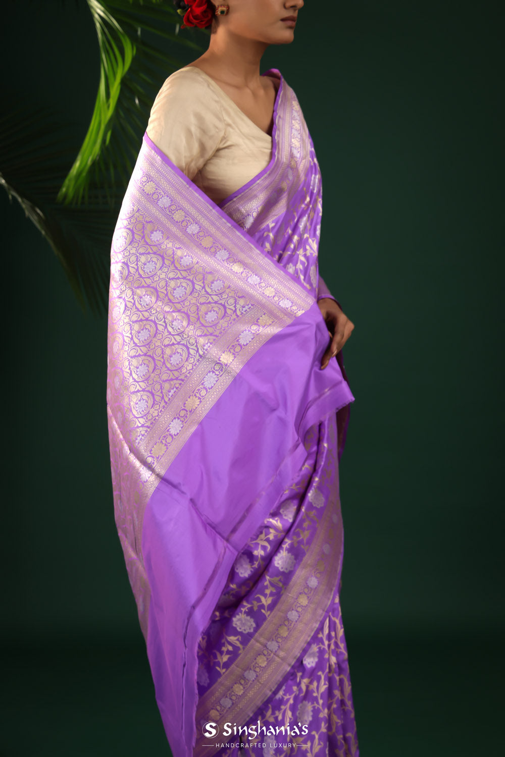 Dark Violet Banarasi Silk Saree With Floral Zari Jaal Weaving