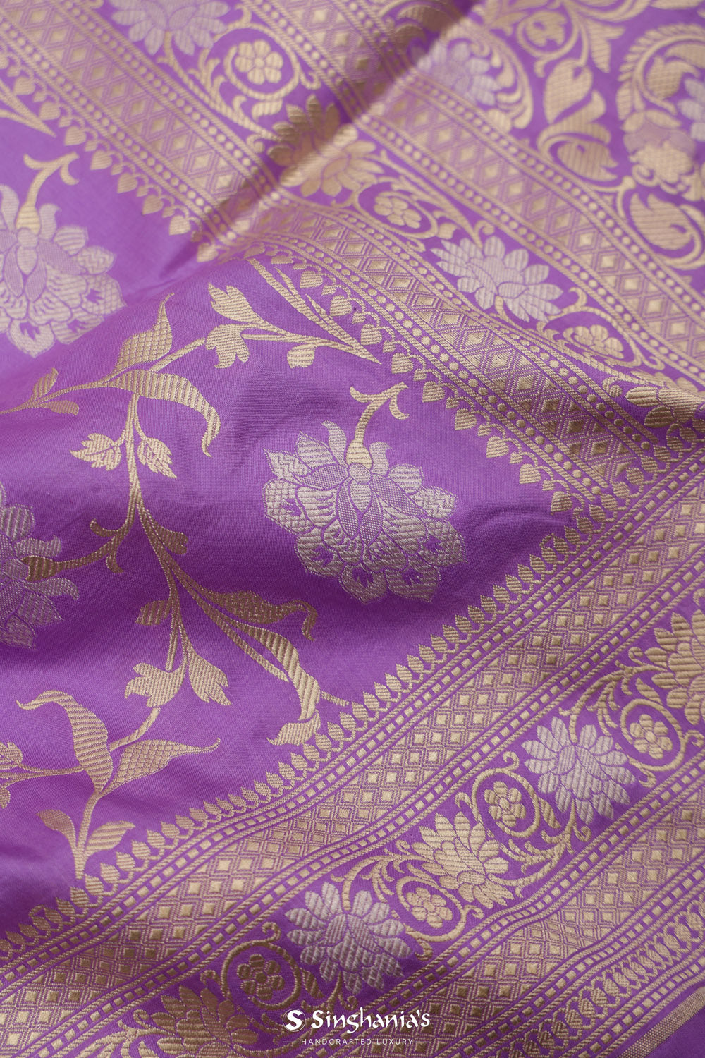 Dark Violet Banarasi Silk Saree With Floral Zari Jaal Weaving