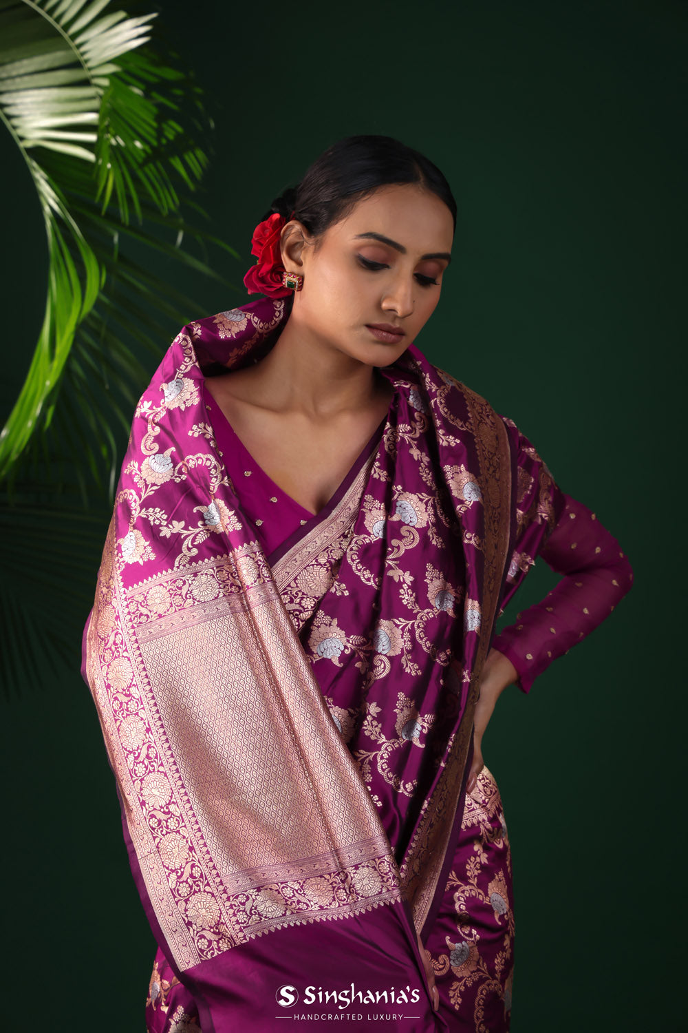 Pompadour Purple Banarasi Silk Saree With Zari Work