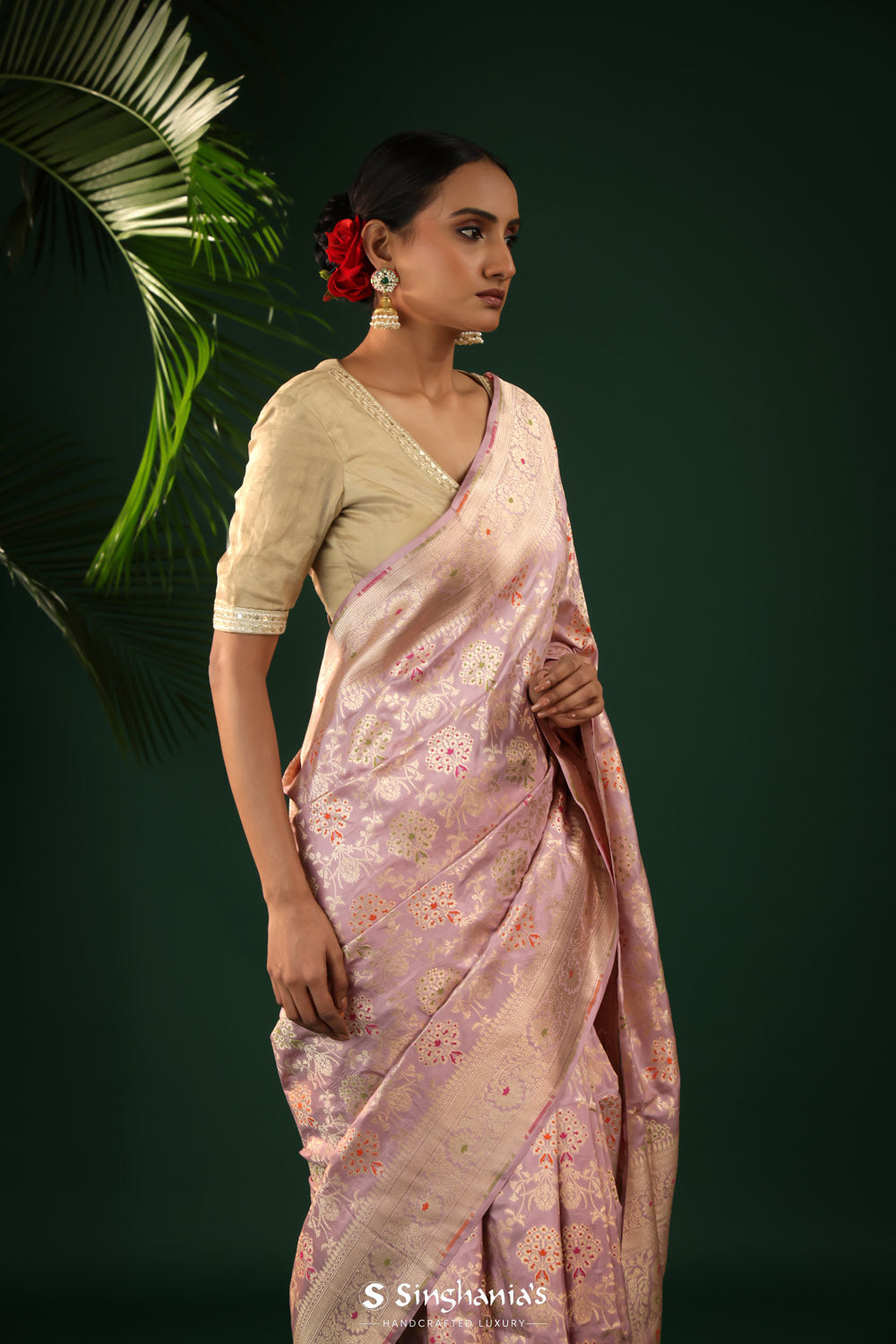 Pastel Purple Banarasi Silk Saree With Floral Detailing