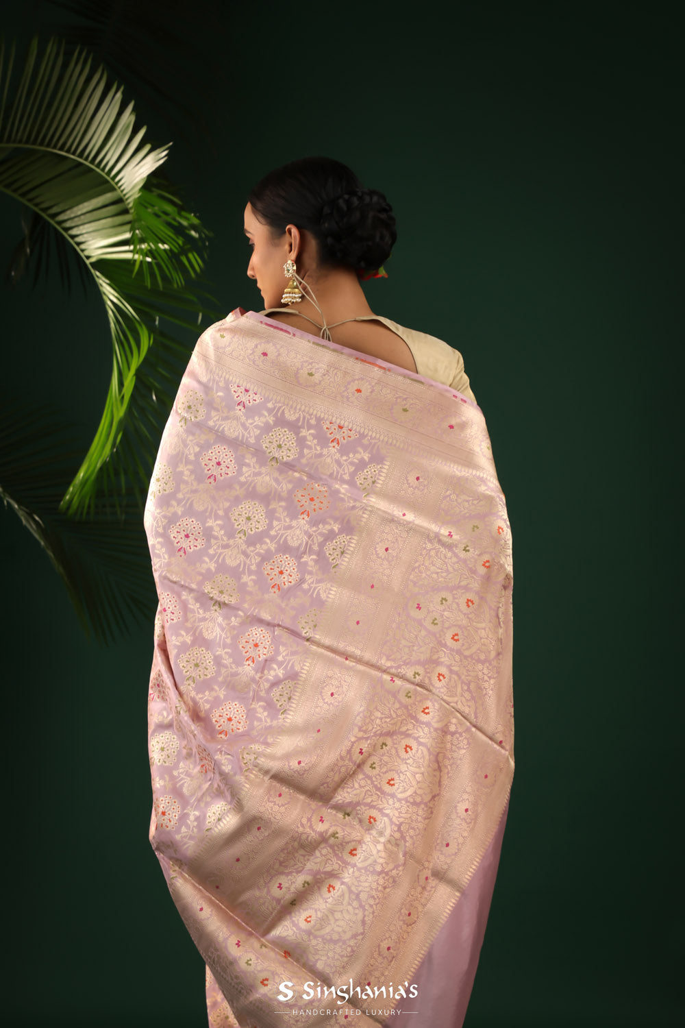 Pastel Purple Banarasi Silk Saree With Floral Detailing