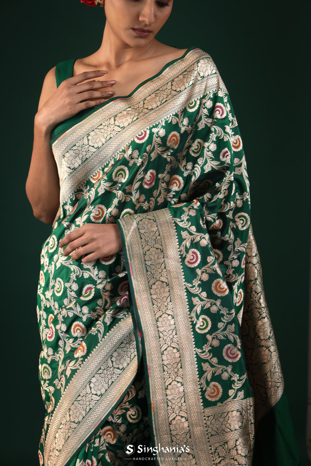 Bottle Green Banarasi Silk Saree With Floral Weaving