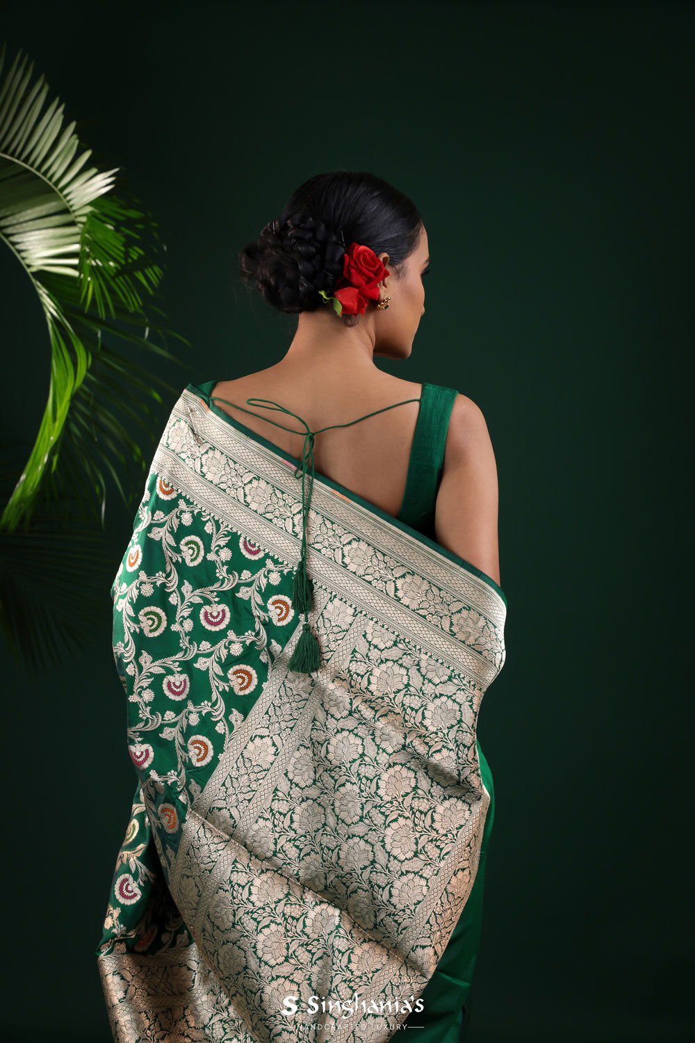 Bottle Green Banarasi Silk Saree With Floral Weaving