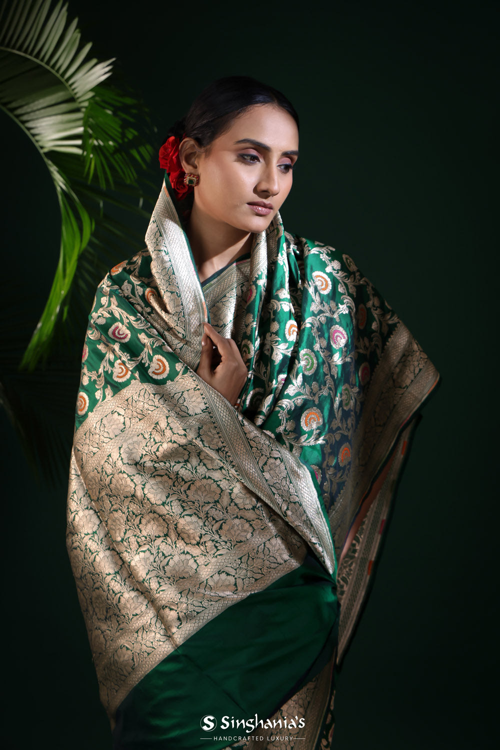 Bottle Green Banarasi Silk Saree With Floral Weaving