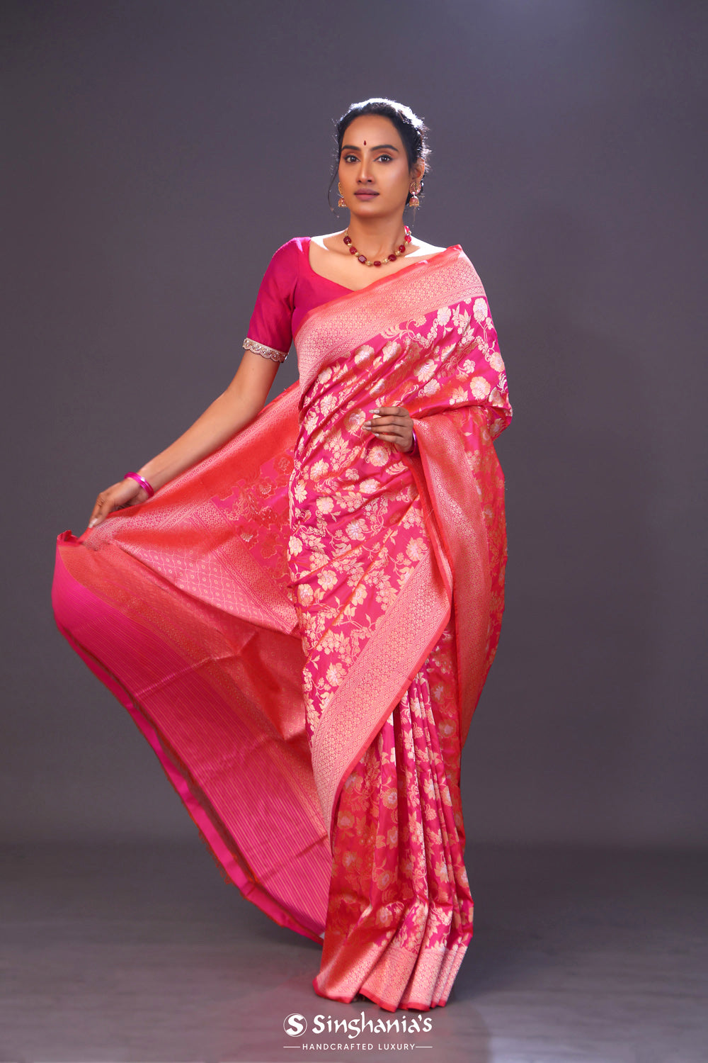 Cherry Pink Jaal Banarasi Silk Saree